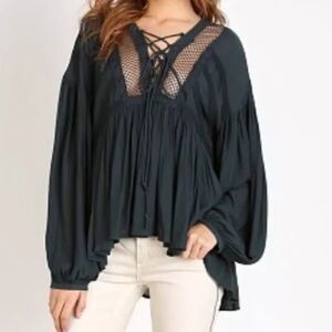Free People Black Don't Let Go Lace Up Boho Peasant Pullover Top S